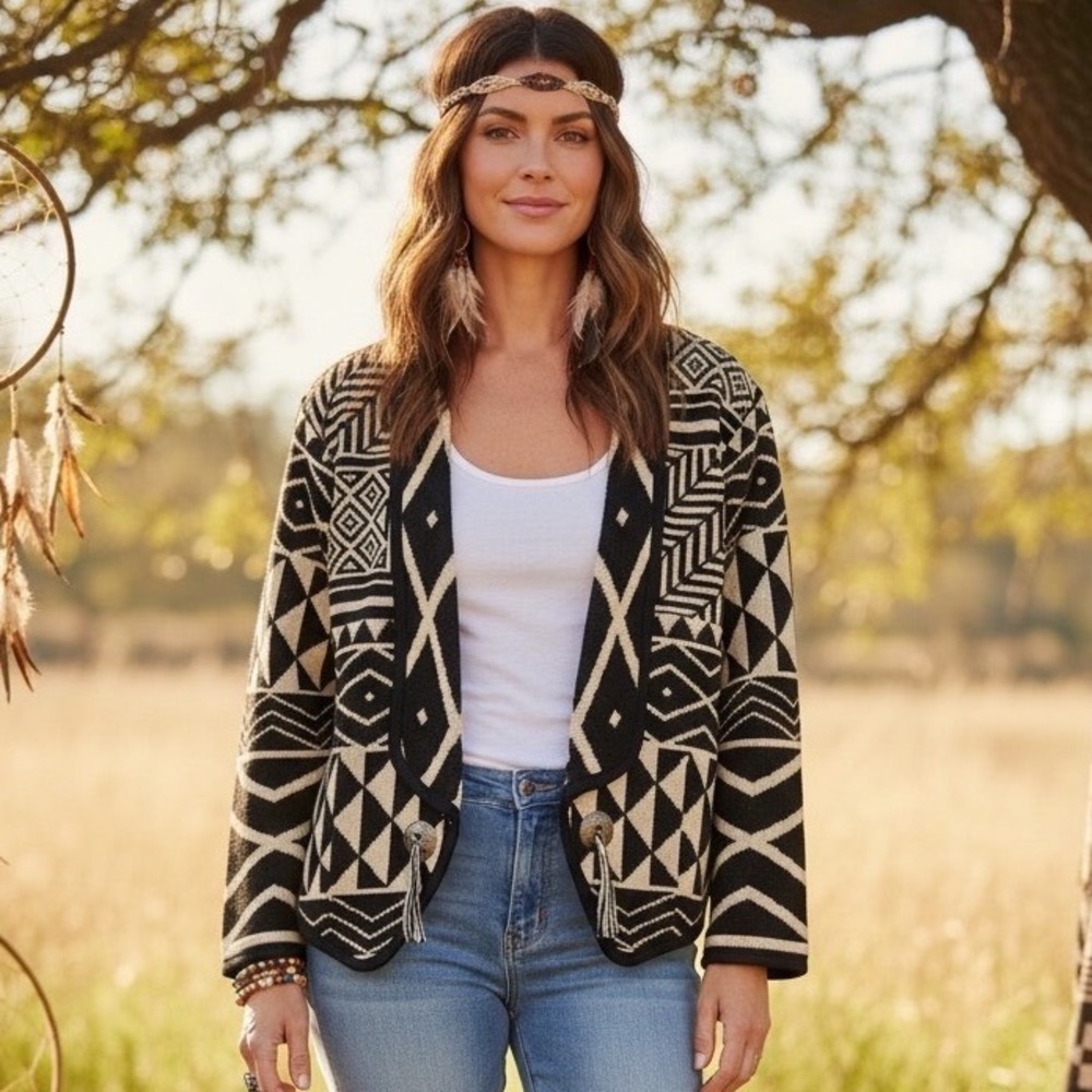 Kokopelli New Mexico Collection Aztec Geometric Concho Cardigan‎ Black Cream S